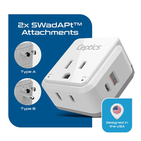 On The Go Multi Region Travel Power Adapter Kit with 2 US outlets, USB-A and USB-C, showing Type A and Type B adapters.
