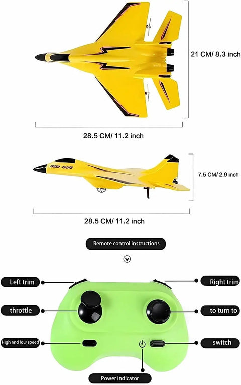 RC Airplane Toy With Lights, Su-35 Style Glider, yellow foam aircraft with 2.4 GHz remote and detailed dimensions.