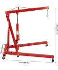 Heavy Duty Two Ton Hydraulic Engine Hoist Crane With Telescopic Boom Foldable Design displayed with measurements for engine lifting.
