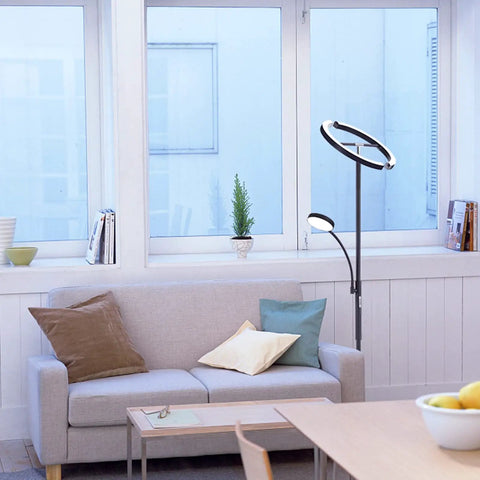 Lit LED Floor Lamp With Rotatable Main Light And Flexible Reading Light, dimmable modern standing light in a bright living room.