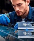 Person using windshield crack repair kit with fast glass repair fluid for cars, showing before and after repair results.