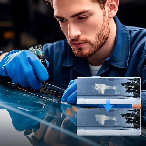 Person using windshield crack repair kit with fast glass repair fluid for cars, showing before and after repair results.
