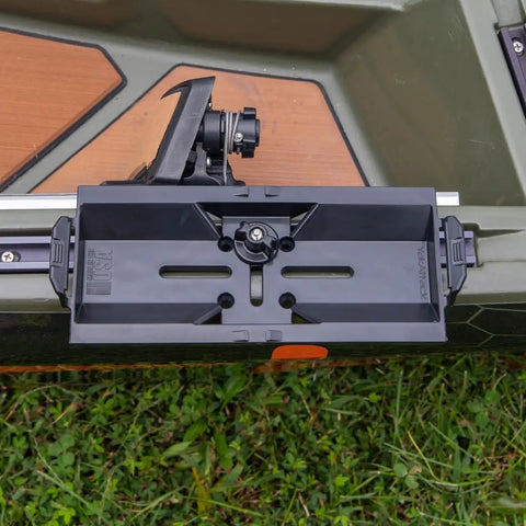 TracPak Quick Release Mounting Base for Track Mount Storage Boxes with micro adjustment slots on kayak track