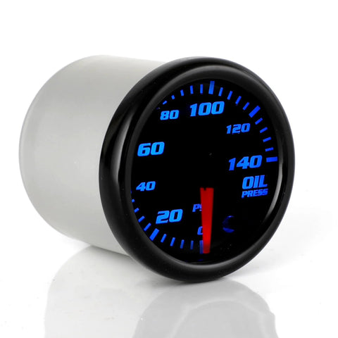 Front view of Nrkiscy 52mm oil pressure gauge with white housing and blue backlit dial