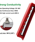 Heavy Duty 600A Battery Busbar 12 To 48V DC Power Distribution Block featuring Rock Solid Nickel Plated Copper close-up with M10 stud.