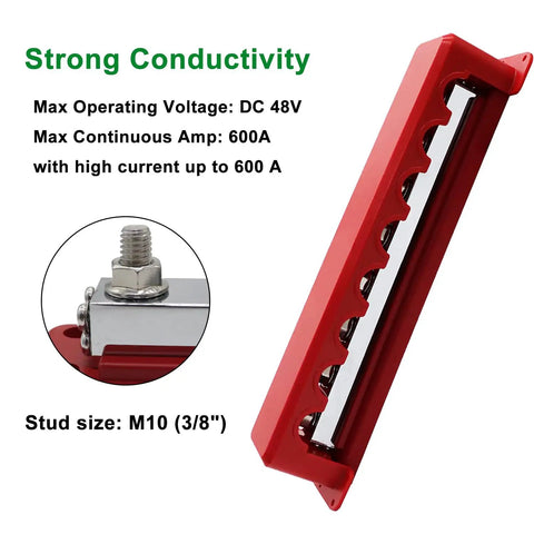 Heavy Duty 600A Battery Busbar 12 To 48V DC Power Distribution Block featuring Rock Solid Nickel Plated Copper close-up with M10 stud.