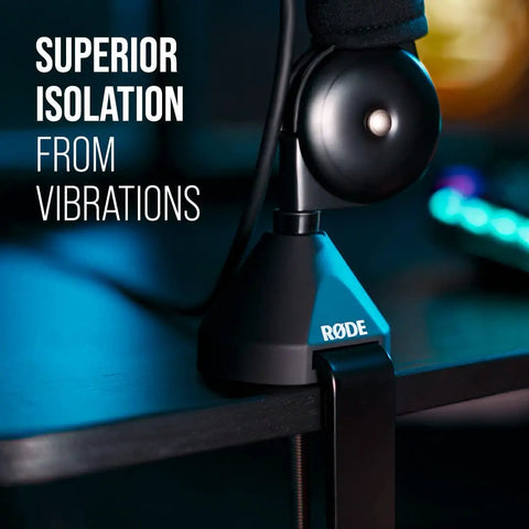 Close-up of PSA1+ Pro Studio Desk Boom Arm clamp securing to desk, highlighting superior vibration isolation, black.