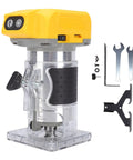 Cordless Wood Router With 800W Brushless Motor, 5 Speed Settings From 3,000 To 30,000 RPM, with accessories, and black grip