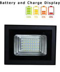 JUDYSSY Led Solar Flood Light with Ligent Power Display showing battery charge status and 50 LED lights in a compact design.