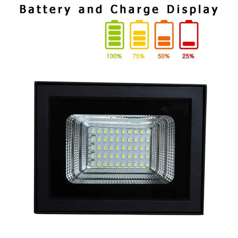 JUDYSSY Led Solar Flood Light with Ligent Power Display showing battery charge status and 50 LED lights in a compact design.