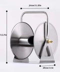 Heavy Duty Stainless Steel Garden Hose Reel With Included 35 Meter Hose, sturdy construction and measurements shown.