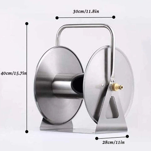 Heavy Duty Stainless Steel Garden Hose Reel With Included 35 Meter Hose, sturdy construction and measurements shown.