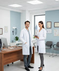 Two professionals wearing Unisex Button Front Lab Coat With Roomy Fit That Fits Over Clothes in a clinical setting