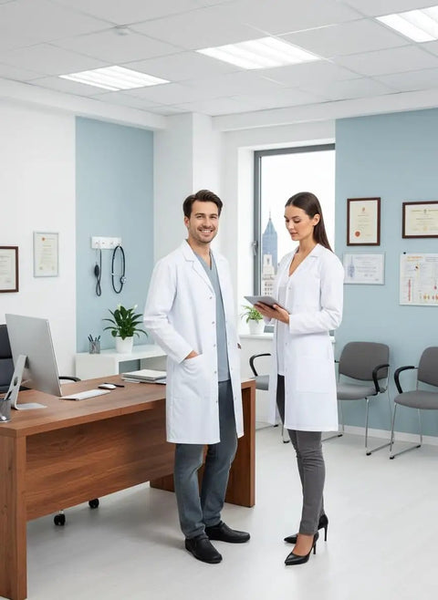 Two professionals wearing Unisex Button Front Lab Coat With Roomy Fit That Fits Over Clothes in a clinical setting