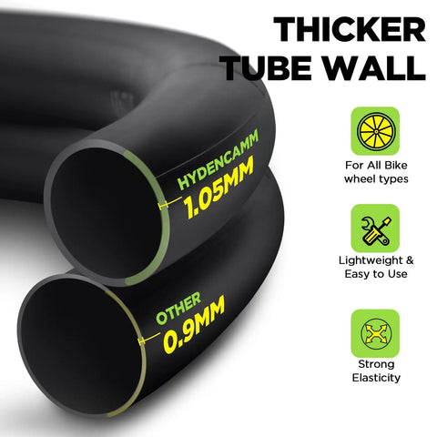 Cross-section of two bike tubes showing thickness, highlighting durability. Two Pack 700c Bike Tube With 48mm Schrader Valve For 700x35c to 700x43c