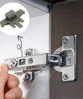 50 Pack Cabinet Hinge Restrictor Clips, 90 Degree Stop For Soft Close Hinges, shown with hinge installation detail and gray clip.