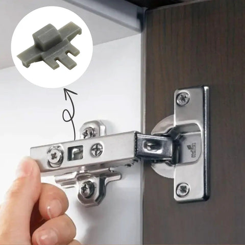 50 Pack Cabinet Hinge Restrictor Clips, 90 Degree Stop For Soft Close Hinges, shown with hinge installation detail and gray clip.
