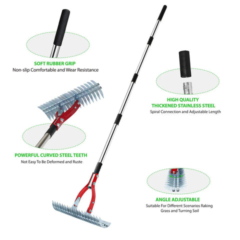 15 Inch Lawn Dethatcher Rake With Steel Handle Pro Grade Heavy Duty Thatch Remover for aerating lawns and clearing debris.