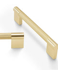 10 Pack Brushed Brass Knurled Cabinet Handles 5 Inch Center to Center 5.9 Inch Overall Length shown close-up in gold tone