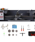 Compact 9x30 Inch Metal Lathe With 1100W Motor And 0 To 3000 RPM Variable Speed, benchtop lathe with accessories and tools displayed