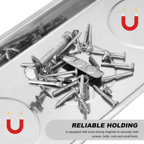 Magnetic Tray Set With Telescoping Magnet Pickup Tool 4 Piece Stainless Steel Round And Rectangular Trays For Screws Nuts Bolts