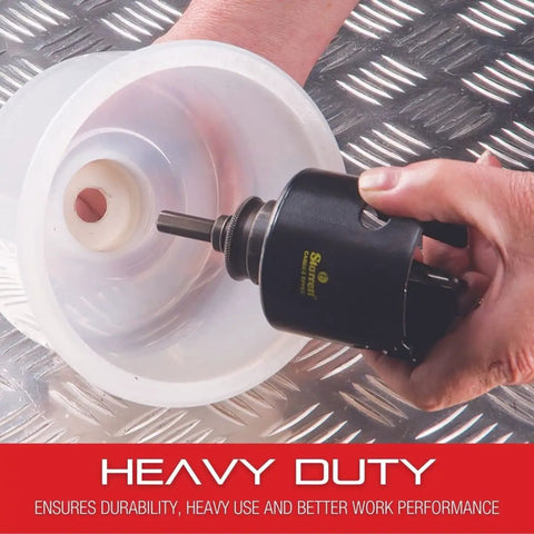 Hands using Flexible Debris Collector for Hole Saw Dust and Debris Time Saving Keeps Your Drill Motor Clean with hole saw attachment.