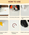 Instructions on how to use the White Wood Putty Kit with wood filler, scraper, and protective gear step-by-step.