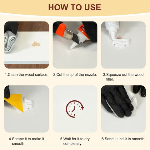 Instructions on how to use the White Wood Putty Kit with wood filler, scraper, and protective gear step-by-step.