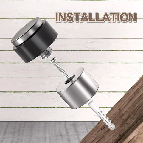Heavy Duty Stainless Steel 304 Floor Door Stops Featuring Satin Nickel Cylindrical Body installation process with rubber bumper and screw.