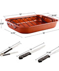 Stainless Steel Roasting Pan With V-Shape Rack And Carving Set 15 By 11.75 Inch Nonstick Roaster Tray Oven And Dishwasher Safe Bakeware For Turkey Chicken Or Beef Copper Finish, showing pan and tools