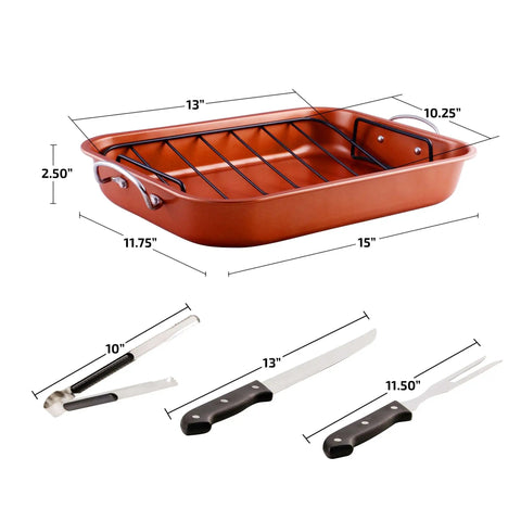 Stainless Steel Roasting Pan With V-Shape Rack And Carving Set 15 By 11.75 Inch Nonstick Roaster Tray Oven And Dishwasher Safe Bakeware For Turkey Chicken Or Beef Copper Finish, showing pan and tools