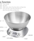 Removable Bowl Kitchen Scale 2.5L Capacity 12 lb 5.5 kg Stainless Steel Food Scale For Cookin And Bakin With Backlit Display Ambient Temperature Sensor Alarm Timer Batteries Included, labeled parts and functions.
