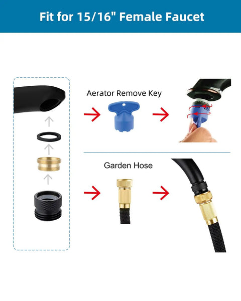 Faucet To Garden Hose Adapter Kit Easy Install Brass Matte Black With Washer And Aerator Key setup diagram for connection.