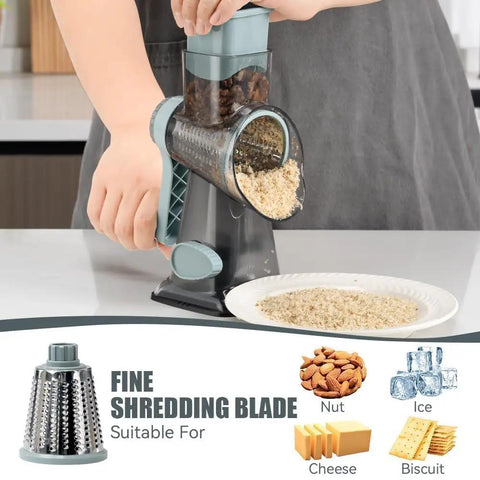 Person using Rotary Cheese Grater Hand Crank No-Fuss Transparent Shredder Slicer Grinder With 3 Stainless Steel Blades, Suction Base