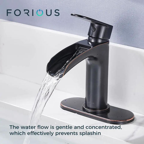 Brushed Gold Brass Waterfall Bathroom Faucet With Single Lever Handle, 1 Or 3 Hole Mount, Includes Metal Pop Up Drain And Hose