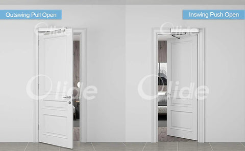Outswing pull and inswing push open door configuration with automatic mechanisms in a modern room setting.
