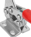 Close-up of Beefy Heavy Duty Toggle Clamp With Galvanized Iron Construction Horizontal Handle Quick Clamp Ergonomic Grip For Machining Assembly Industrial Testing And Fixed Workholding 227 Kilogram Pulling Force with red handle
