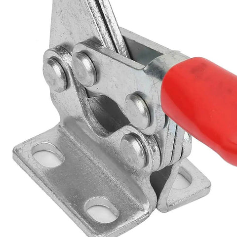Close-up of Beefy Heavy Duty Horizontal Toggle Clamp with galvanized iron and red handle, showing durable construction and mounting holes