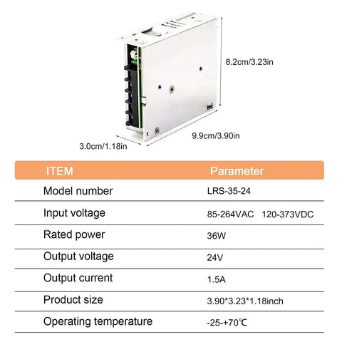Rock Solid 35W Switching Power Supply Delivers Reliable 24V At 1.5A with specifications and dimensions displayed.