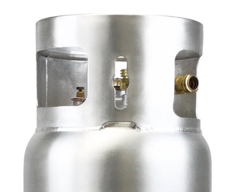 Flame King 33.5lb aluminum forklift propane tank top with valve, side view