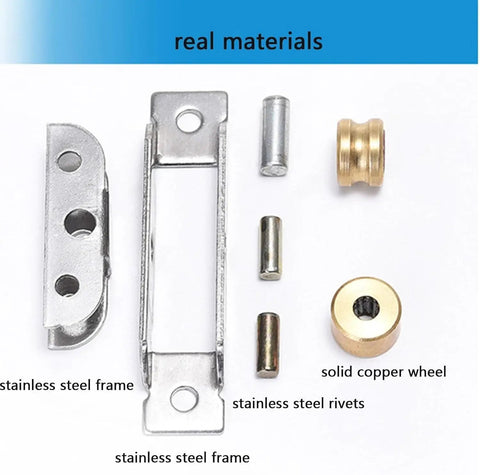 Heavy Duty Double Groove Sliding Door Window Pulley Roller Featuring Waterproof Concave Copper Wheel Design Auto Seesaw Balancing Built Tough For Smooth All Day Operation parts including stainless steel frame and solid copper wheel.