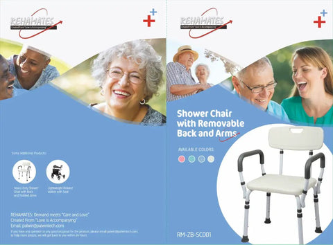 Arms And Back Shower Chair With Tool Free Assembly, lightweight powder coated aluminum bath seat displayed on product packaging