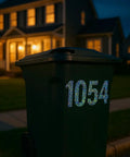Trash bin with 3 Inch Reflective Number Stickers 0 To 9 Set, All Weather Waterproof Vinyl Self Adhesive, for visibility at night.