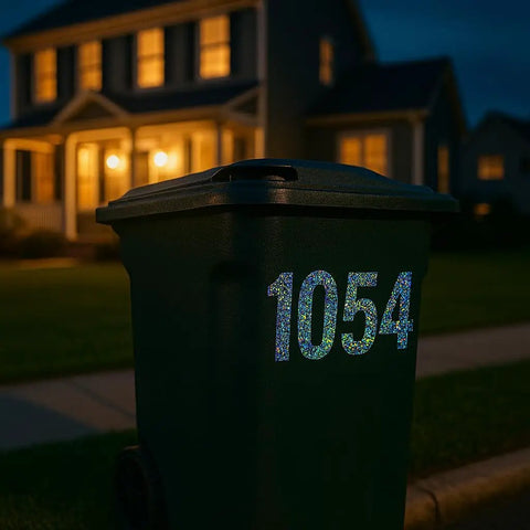 Trash bin with 3 Inch Reflective Number Stickers 0 To 9 Set, All Weather Waterproof Vinyl Self Adhesive, for visibility at night.