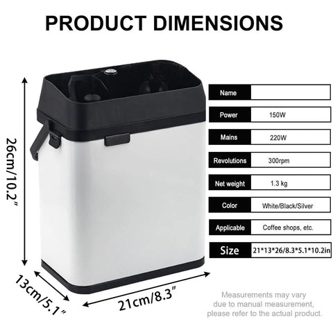 No Sweat Coffee Game Changer Electric Portafilter Cleaner With Knock Box dimensions, in white and black, 150W, 21x13x26cm.