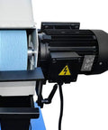 Commercial Workshop Prep Pro Shop Grade 3Hp Belt Sander For Knockout Heavy Duty Tube And Profile Metal Grinding With 4X78 Inch Sanding Belt On 220V 3 Phase, showing motor and blue sanding belt.
