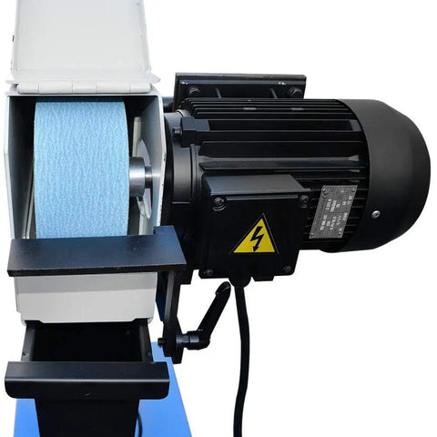 Commercial Workshop Prep Pro Shop Grade 3Hp Belt Sander For Knockout Heavy Duty Tube And Profile Metal Grinding With 4X78 Inch Sanding Belt On 220V 3 Phase, showing motor and blue sanding belt.