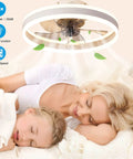 Parent and child sleeping under 20 Inch Smart Ceiling Fan With Remote And App Control And Light No Fuss Modern Flush Mount Bladeless Ceiling Fan With 3 Color Modes And 6 Speeds Low Profile Ceiling Lighting Fan For Bedroom Living Room Kitchen White