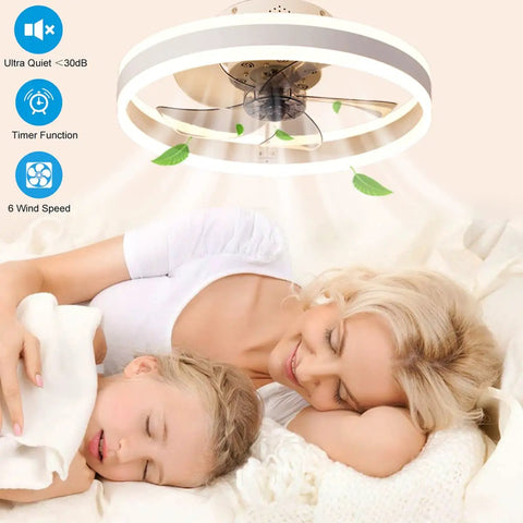 Parent and child sleeping under 20 Inch Smart Ceiling Fan With Remote And App Control And Light No Fuss Modern Flush Mount Bladeless Ceiling Fan With 3 Color Modes And 6 Speeds Low Profile Ceiling Lighting Fan For Bedroom Living Room Kitchen White