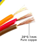 Close-up of colorful breadboard jumper wires with exposed 23AWG copper strands, part of the 30-piece kit for Arduino projects.